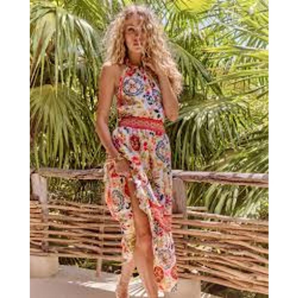 Ramy Brook	Delia Halter Midi dress in White Maya Combo M NWT Resort Wear Coastal